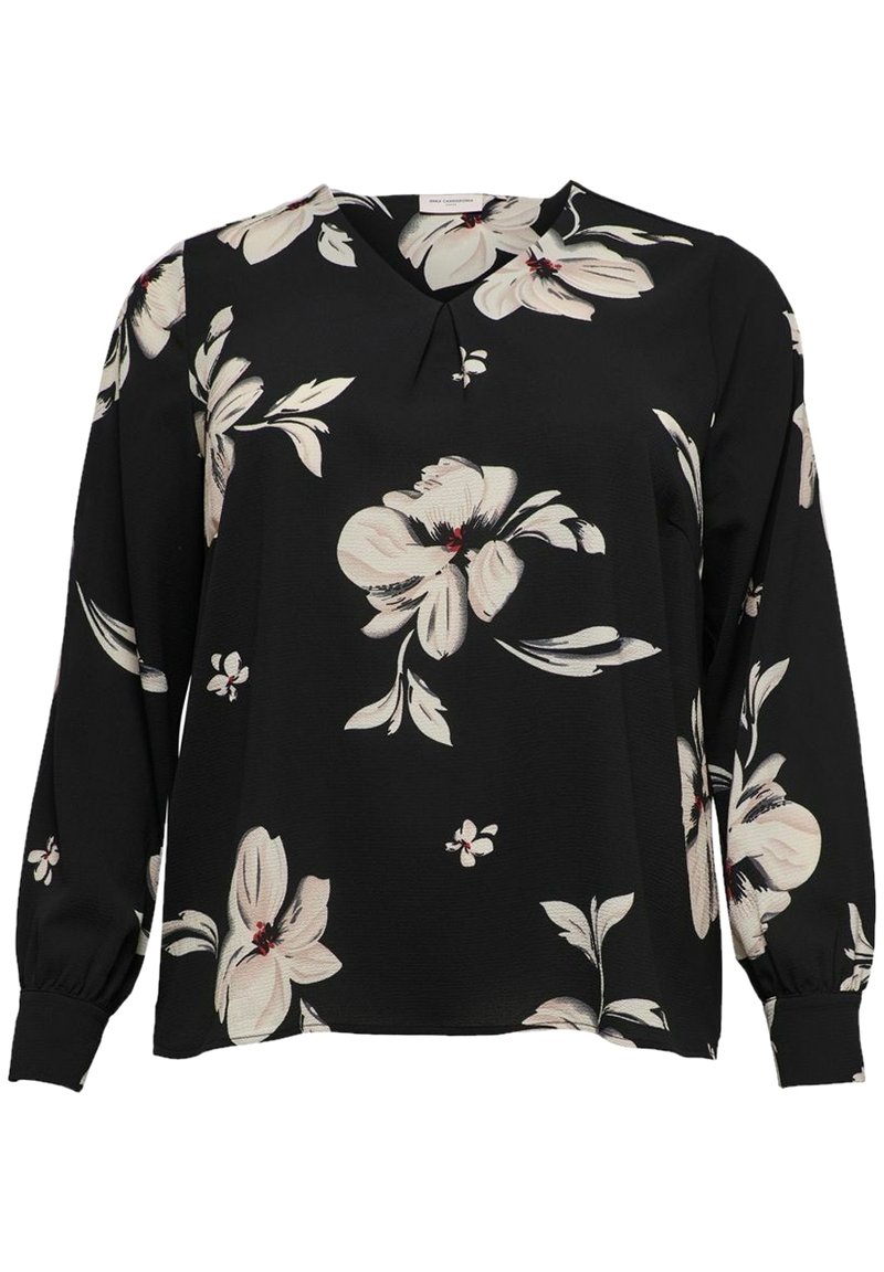 Svart långärmad blus med rund halsringning, prydd med stora krämfärgade blommönster och subtila röda detaljer. Tillverkad av lätt material.