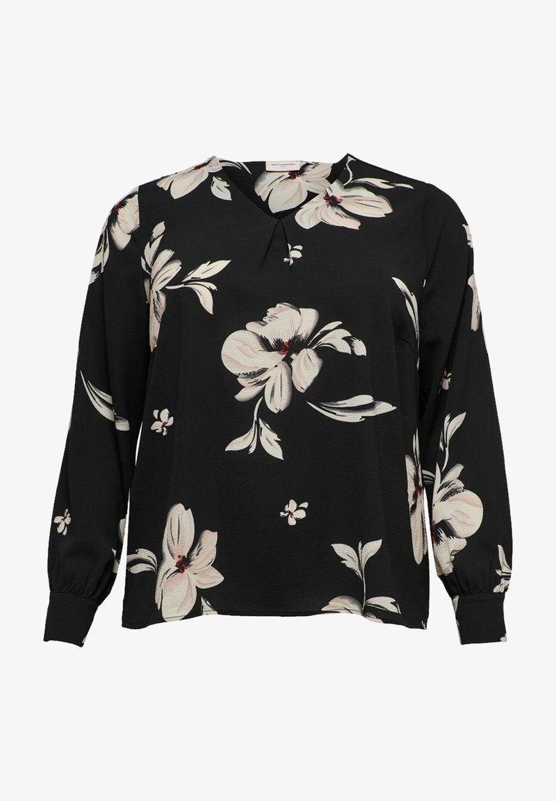 Black long-sleeve blouse with a round neckline, featuring large cream floral patterns and subtle red accents. Made from lightweight fabric.