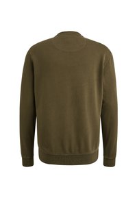 Felpa verde oliva con scollatura rotonda, texture morbida, polsini e orlo a costine, e un design semplice e privo di adornamenti.