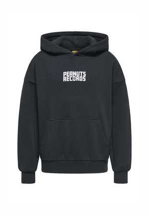 Sweat à capuche noir avec poche kangourou à l'avant et texte blanc « PEANUTS RECORDS » imprimé sur la poitrine.