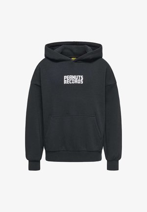 Sweat à capuche noir avec poche kangourou à l'avant et texte blanc « PEANUTS RECORDS » imprimé sur la poitrine.