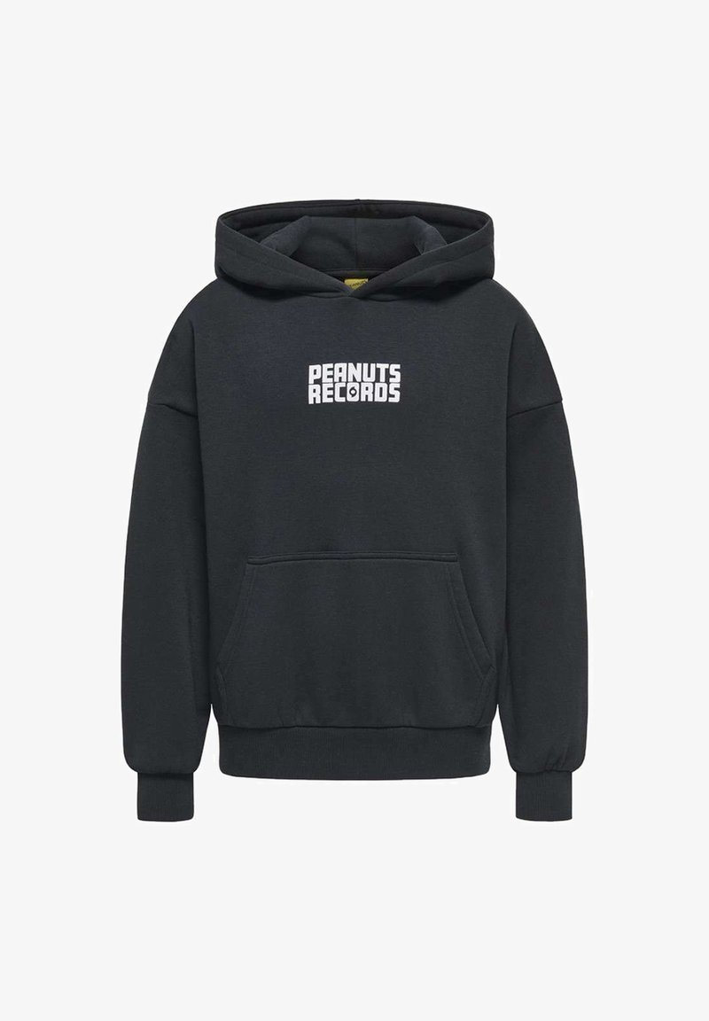 Sweat à capuche noir avec poche kangourou à l'avant et texte blanc « PEANUTS RECORDS » imprimé sur la poitrine.