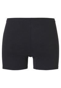 Zwarte zwemshorts gemaakt van soepel, rekbaar stof. Middellange ontwerp met een aansluitende tailleband en minimale stikdetails.