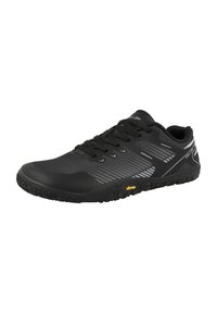 Black athletic shoe with a textured upper, reinforced toe, reflective accents, and a rugged black rubber sole with Vibram branding.