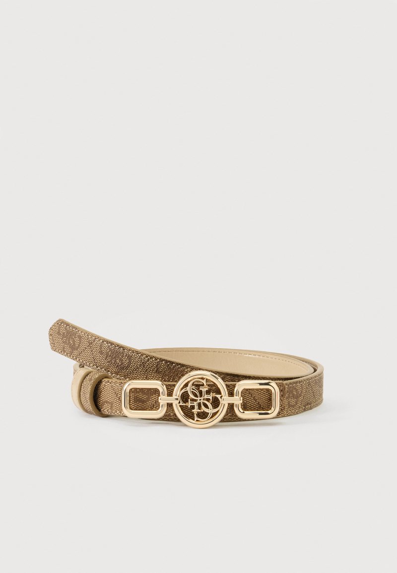Ceinture fine marron à motifs avec boucle dorée présentant un logo circulaire entrelacé et deux accents dorés rectangulaires de chaque côté.