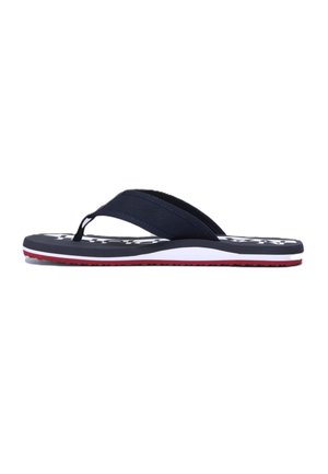 Sandalo infradito da uomo blu navy con cinturini spessi in tessuto, soletta bianca e nera e suola con bordo rosso, mostrato in profilo laterale.