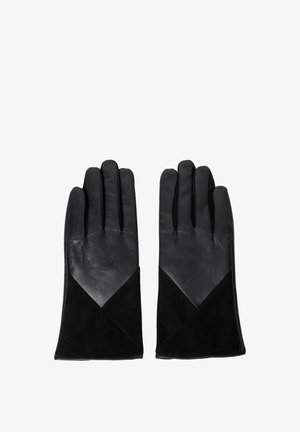 Guantes de cuero negro con un diseño que presenta un patrón triangular en ante negro en contraste. Los guantes tienen cinco dedos y una textura suave.
