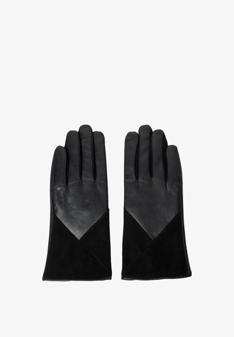 Guantes de cuero negro con un diseño que presenta un patrón triangular en ante negro en contraste. Los guantes tienen cinco dedos y una textura suave.