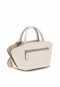Lichtbeige gestructureerde handtas met dubbele handvatten aan de bovenkant, textuur op het oppervlak en een horizontale ritszak aan de voorkant met een leren trekhaak.