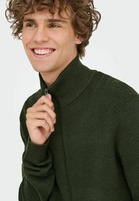 Zaļš zip-up džemperis ar augstu apkakli, ar tekstūrētiem rakstiem un ribotām piedurknēm. Modelis tur rāvējslēdzēju, fonā ir neitrāla vide.