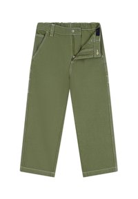 Groene katoenen broek met een ritsgulp, elastische tailleband en contrasterende witte steken. Heeft voorzakken en een rechte pijpdesign.