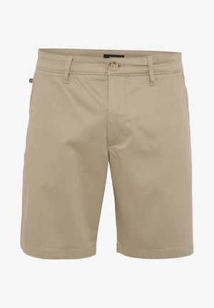 Béžové šortky vyrobené z textúrovanej látky, s gombíkovým zapínaním, pútkami na opasok a bočnými vreckami. Klasický rovný strih s olemovaným okrajom.