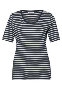 T-shirt à manches courtes à rayures horizontales bleu marine et blanc, col rond, coupe décontractée, avec étiquette de marque "Street One" à l'intérieur du col.