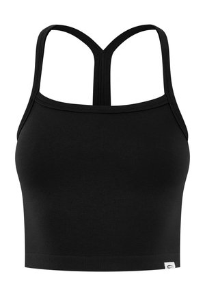 Top corto negro con tirantes estrechos en forma de Y en la espalda, bajo acanalado y pequeña etiqueta con logo en la parte inferior derecha.