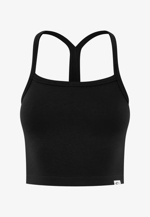 Sort cropped tanktop med smalle skulderstropper, der danner en Y-form på ryggen, ribbet kant og lille logoetiket nederst til højre.