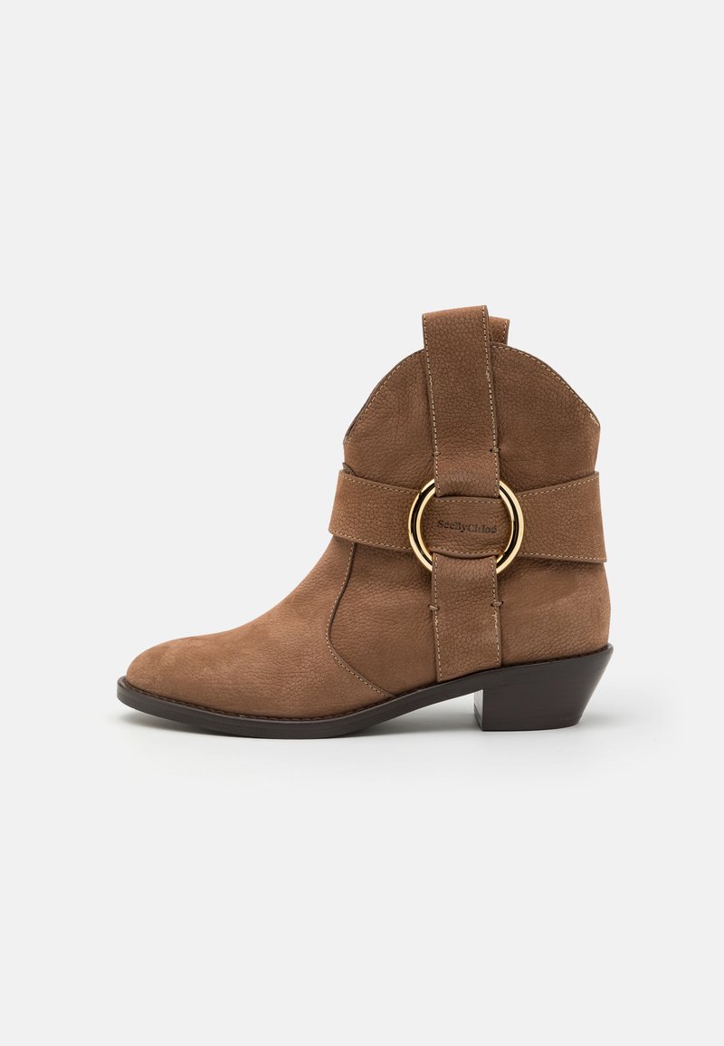 Bocanci ankle din suede maro, cu vârful rotunjit, o curea laterală cu un accent circular auriu și un toc jos, din straturi.