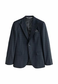Tmavomodrý károvaný pánsky blazer s klopami, dvomi prednými gombíkmi, klopovými vreckami a vzorovanou vnútornou podšívkou.