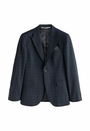 Dunkelblaues kariertes Herrenblazer mit Reverskragen, zwei vorderen Knopfverschlüssen, Klapptaschen und gemustertem Innenfutter.