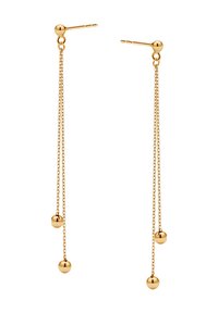 Złote kolczyki na wisiorkach z dwoma łańcuszkami i trzema kulistymi akcentami. Łańcuszki są cienkie, a koraliki mają polerowaną, lustrzaną powierzchnię.