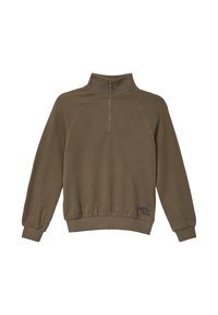 Bruine, met rits gesloten sweatshirt met hoge kraag, raglanmouwen, geribbelde cuffs en een klein logo op de onderrand. Zachte textuur.