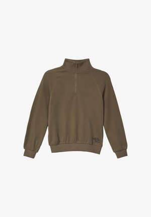 Brązowy, zapinany na zamek polar z wysokim kołnierzem, raglanowymi rękawami, ściągaczami przy mankietach i małym logo na dolnym brzegu. Miękka faktura.