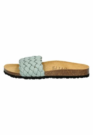 Single light blue woven strap slide sandal with cork footbed and black rubber sole, shown in side profile on white background.