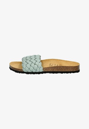 Single light blue woven strap slide sandal with cork footbed and black rubber sole, shown in side profile on white background.