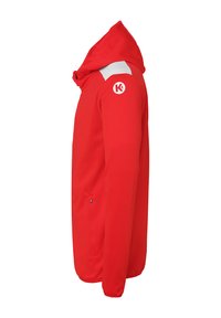 Red softshell jacket with a hood, featuring a white accent on the shoulder and a logo on the upper arm. Zippered side pockets.