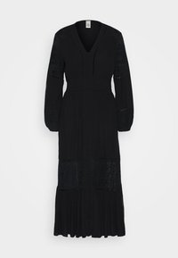 Il vestito nero a maniche lunghe presenta un scollo a V, una chiusura con bottoni, dettagli in pizzo testurizzato e una gonna fluida con orlo arricciato.