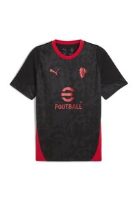 Sort og rød fodboldtrøje med korte ærmer, tekstureret stof og mønstre. Logo og tekst vist på fronten.