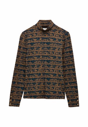 Navy long-sleeve turtleneck top with brown equestrian-themed grid pattern and gold-tone buttons on the cuffs.