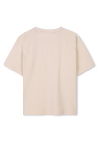 Beige katoenen T-shirt met korte mouwen en ronde hals, van de achterkant gezien, met een ontspannen, boxy fit en nette stikseldetails.