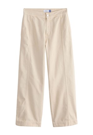 Pantaloni beige a gamba larga in denim di cotone, con chiusura frontale a bottoni, tasche inclinate e dettagli cuciti lungo le cuciture.