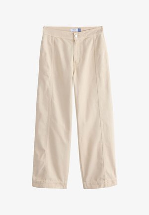 Pantaloni beige a gamba larga in denim di cotone, con chiusura frontale a bottoni, tasche inclinate e dettagli cuciti lungo le cuciture.