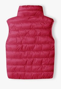 Gilet senza maniche imbottito rosso con cuciture orizzontali e collo alto, realizzato in materiale liscio e leggero. Nessuna ferramenta o dettagli visibili.