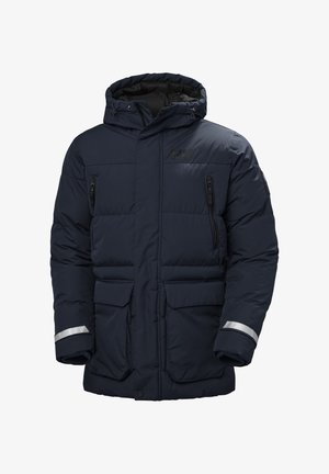 Marineblaue gepolsterte Jacke mit Kapuze, ausgestattet mit Reißverschlusstaschen, elastischen Bündchen und reflektierenden Streifen an den Ärmeln. Glatte Außenstruktur.