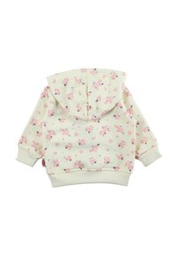 Sweat à capuche jaune clair avec imprimé floral en rose et bleu, doté d'une capuche, de poignets et d'une taille côtelés. Matière en coton doux.