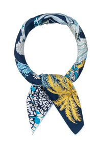 Navy silk scarf featuring floral patterns in blue, yellow, and white. Twisted design with pointed ends. Smooth texture.