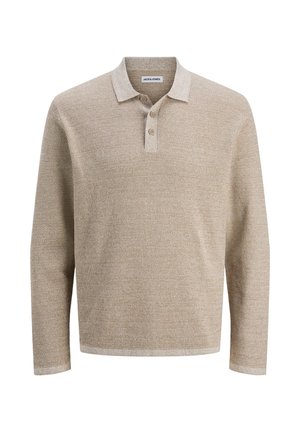 Beige Langarm-Polohemd mit strukturiertem Strick, Drei-Knopf-Leiste und kontrastierenden Kragenbesätzen. Weicher Stoff, lässige Passform, minimale Details.