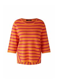 Top à manches courtes rayé en orange vif et rose. Présente un décolleté rond et une coupe légèrement ample avec des coutures latérales. Texture en tricot doux.