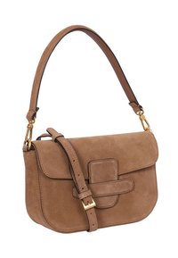Brown suede shoulder bag with a curved shape, flap closure, and a front strap detail. Features gold-tone hardware and an adjustable strap.