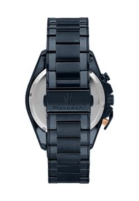 Orologio in metallo nero con cassa ottagonale e bracciale a maglie. Presenta una vista posteriore che mette in mostra il logo e un dettaglio della corona in contrasto.