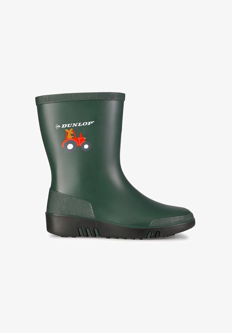 Green rubber rain boot features a textured cuff and black sole, with a red tractor graphic and "DUNLOP" logo on the side.