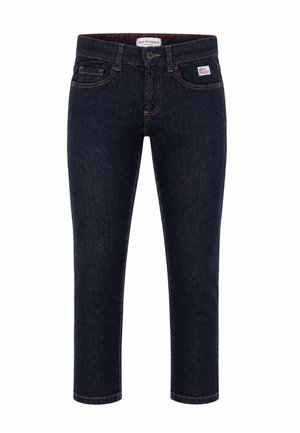 Jeans slim fit blu scuro con tasche frontali e taschino porta monete, chiusura con bottoni e cuciture arancioni visibili.