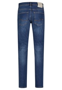 Dark blue denim jeans with a straight leg design, featuring two back pockets with stitching accents and a branded label on the waistband.