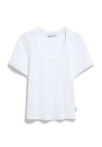 Weißes Baumwoll-T-Shirt mit rundem Halsausschnitt, kurzen Ärmeln und lockerer Passform. Hat ein kleines Markenetikett an der Seitennaht.