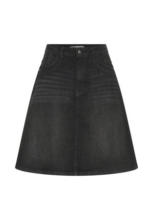 Schwarzer Denim A-Linien-Rock mit hoher Taille, dezenten Nähdetails und einer mittellangen Länge bis zum Oberschenkel, gestaltet im klassischen Fünf-Taschen-Stil.