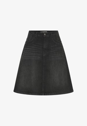 Gonna a trapezio in denim nero con vita alta, dettagli di cucitura discreti e lunghezza fino a metà coscia, progettata con un classico stile a cinque tasche.