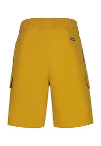 Gula cargashorts med elastisk midja, sidofickor och en slät textur. Inga synliga mönster eller metalldetaljer.