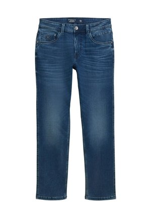 Miestne rovné nohavice v tmavomodrom denim, s klasickým piatich vreciek, jemným efektom opotrebovania a zapínaním na gombík.